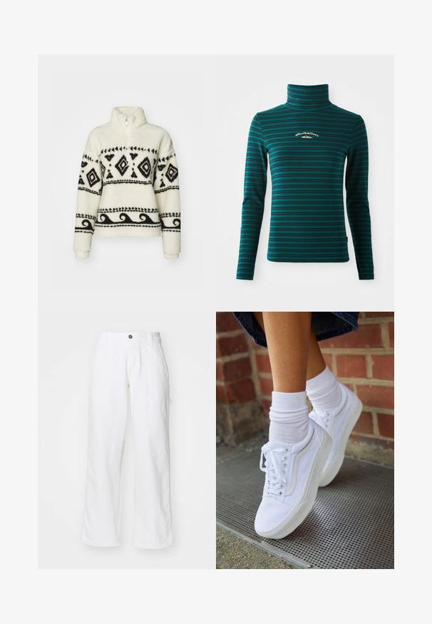 Pull-over en polaire crème avec des motifs tribaux noirs. Doté d'un col zippé mi-hauteur et de manches longues. Texture douce et coupe décontractée.; Top à manches longues et col roulé en teal avec des rayures horizontales bleu foncé. Présente un petit logo blanc et doré sur la poitrine. Tissu doux et extensible.; Pantalon en coton blanc avec une coupe droite, doté d'une fermeture à bouton, de poches latérales et d'une coupe décontractée. Texture lisse.; Baskets en toile blanches avec semelles en caoutchouc, dotées de six œillets, d'un bout rond et de détails de couture légers, portées avec des chaussettes blanches mi-mollet.