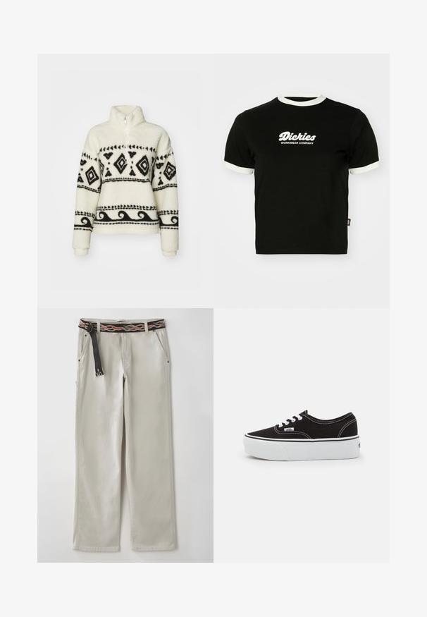 Pull-over en polaire crème avec des motifs tribaux noirs. Doté d'un col zippé mi-hauteur et de manches longues. Texture douce et coupe décontractée.; T-shirt noir en coton avec col et bords de manches en côtelé blancs. Présente un texte logo blanc à l'avant : "Dickies Workwear Company." Manches courtes.; Pantalons larges gris clair avec une ceinture noire ornée de motifs de flammes orange. Fabriqués en coton, avec des poches latérales et une silhouette décontractée.; Baskets en toile noires avec une semelle en caoutchouc blanc, dotées de lacets et de coutures blanches, marquage emblématique sur le côté, design basse.