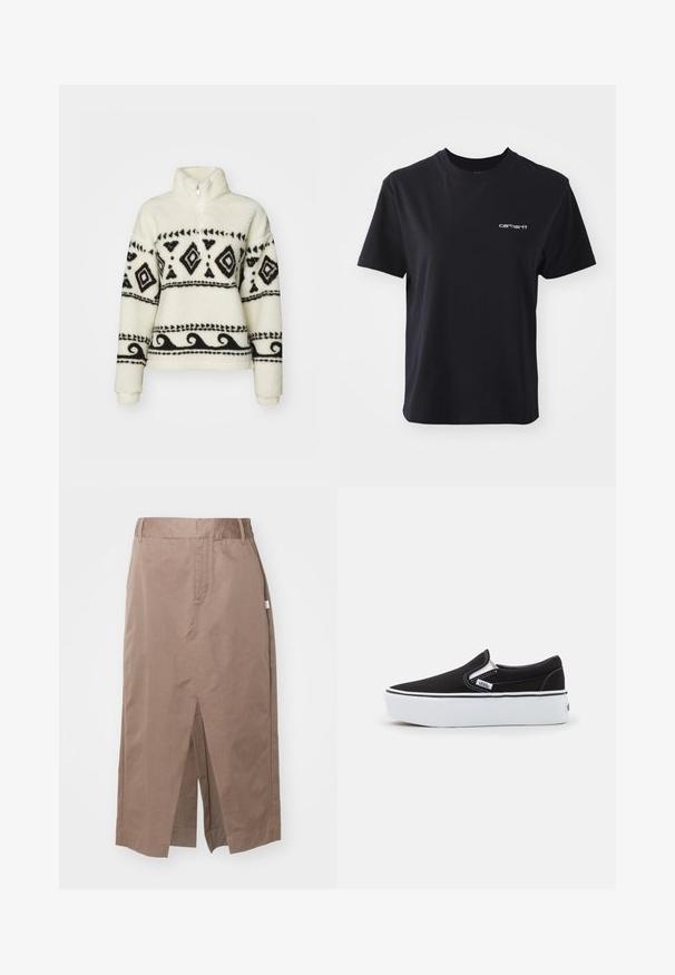 Pull-over en polaire crème avec des motifs tribaux noirs. Doté d'un col zippé mi-hauteur et de manches longues. Texture douce et coupe décontractée.; T-shirt en coton noir avec col rond, manches courtes et logo "carhartt" blanc sur la poitrine gauche. Texture lisse, coupe standard.; Jupe en coton marron au design droit, dotée d'une fente avant, de poches latérales et d'une taille standard. Texture lisse et coutures adaptées.; Chaussure slip-on noire en toile avec une semelle en caoutchouc blanc, dotée d'accents élastiques sur les côtés et de coutures contrastées. Logo de la marque visible sur le côté.