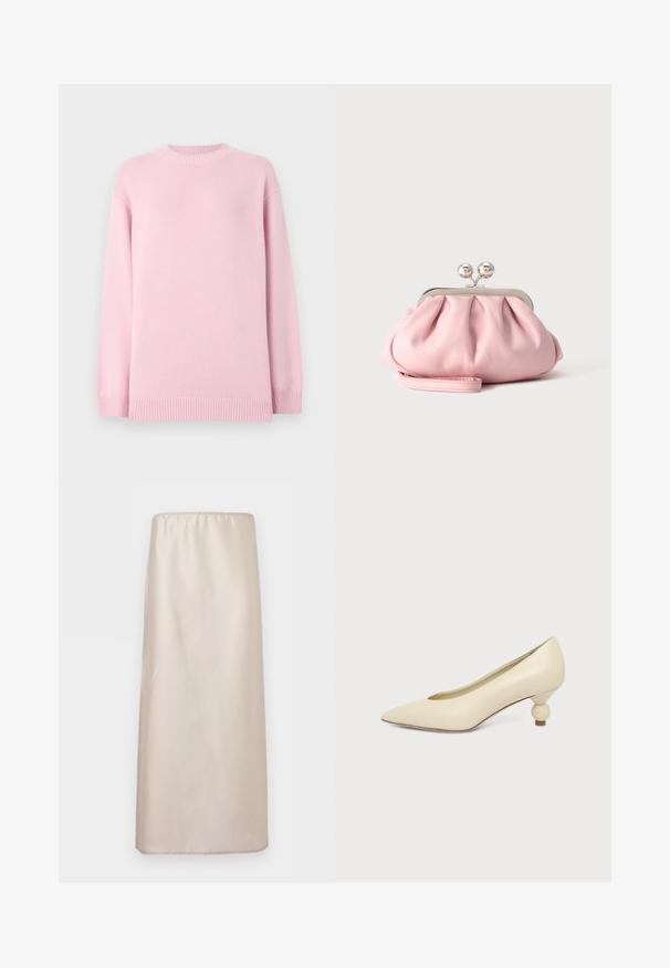Pull rose clair à manches longues en tricot avec encolure ronde, poignets et ourlet côtelés, présenté sur un fond gris clair uni.; Jupe midi beige droite avec taille élastique, texture lisse et détails discrets de coutures sur fond blanc.; Chaussure femme couleur crème à bout pointu avec un petit talon rond en forme de boule, sur fond uni.; Petit sac pochette doux rose avec cadre métallique argenté et fermoir rond, reposant sur une surface plate et claire avec une bride de poignet repliée devant.