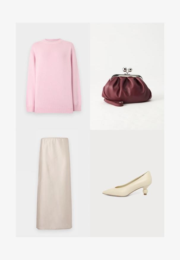 Pull rose clair à manches longues en tricot avec encolure ronde, poignets et ourlet côtelés, présenté sur un fond gris clair uni.; Jupe midi beige droite avec taille élastique, texture lisse et détails discrets de coutures sur fond blanc.; Chaussure femme couleur crème à bout pointu avec un petit talon rond en forme de boule, sur fond uni.; Petit sac pochette en cuir bordeaux avec fermoir métallique argenté et bracelet sur fond blanc.