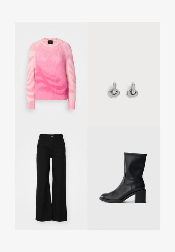 Pull en tricot rose et rose clair avec des motifs ondulés abstraits, à manches longues, et avec des poignets, un col et un ourlet côtelés.; Pantalons larges noirs en denim à taille haute, avec une fermeture éclair à l'avant, un bouton de fermeture et des coutures rouges.; Botte en cuir noir à cheville avec un bout rond, texture lisse et un talon épais, présentant un tige ajustée et un subtil détail de couture.; Paire de petites boucles d'oreilles créoles argentées brillantes avec une base ronde, présentées sur un fond clair uni.