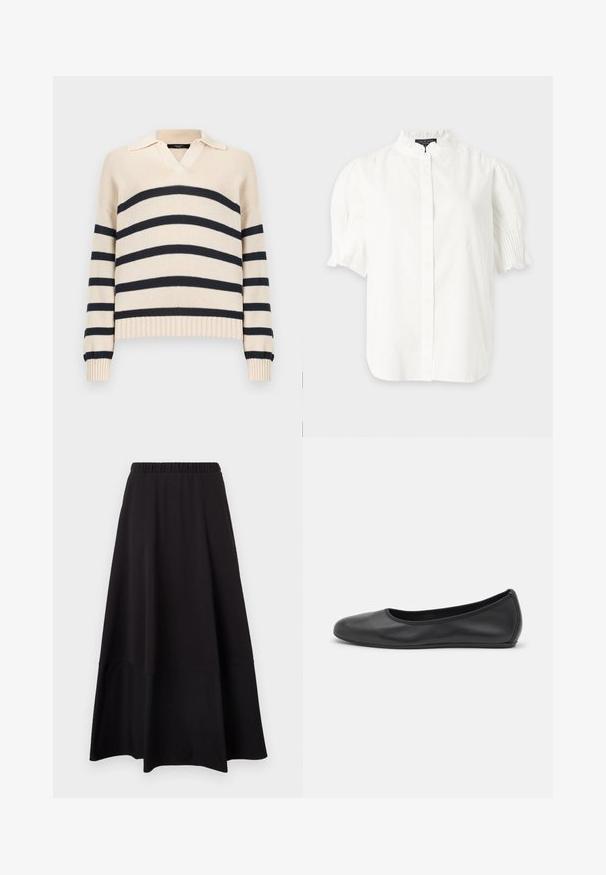 Pull beige en tricot avec des rayures horizontales noires sur le corps et les manches, doté d'un ourlet côtelé, de poignets côtelés et d'un petit col.; Blouse blanche à manches courtes avec patte de boutonnage, col montant volanté et poignets de manches plissés.; Jupe longue bicolore noire avec une taille élastique et un ourlet évasé, présentée sur un fond clair uni.; Ballerines en cuir noir avec un bout rond, texture lisse, détails de couture minimalistes et design de semelle flexible.