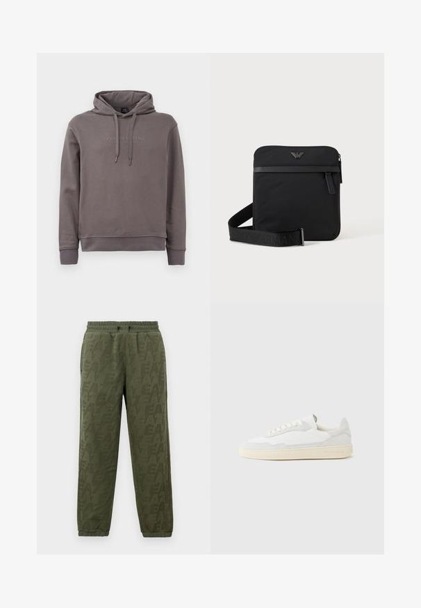 Hoodie gris avec poche kangourou à l'avant, cordons de serrage ajustables et texte du logo brodé. Fabriqué dans un tissu en mélange de coton doux.; Pantalons de jogging en polaire vert olive avec taille et poignets élastiques, présentant un motif logo EA7 ton sur ton subtil sur toute la surface.; Baskets blanches avec dessus en daim et cuir texturé. Caractérisées par un bout arrondi, une fermeture à lacets et une semelle en caoutchouc beige contrastante.; Sac bandoulière carré noir avec fermeture éclair, poche avant et sangle réglable avec nom de marque embossé.