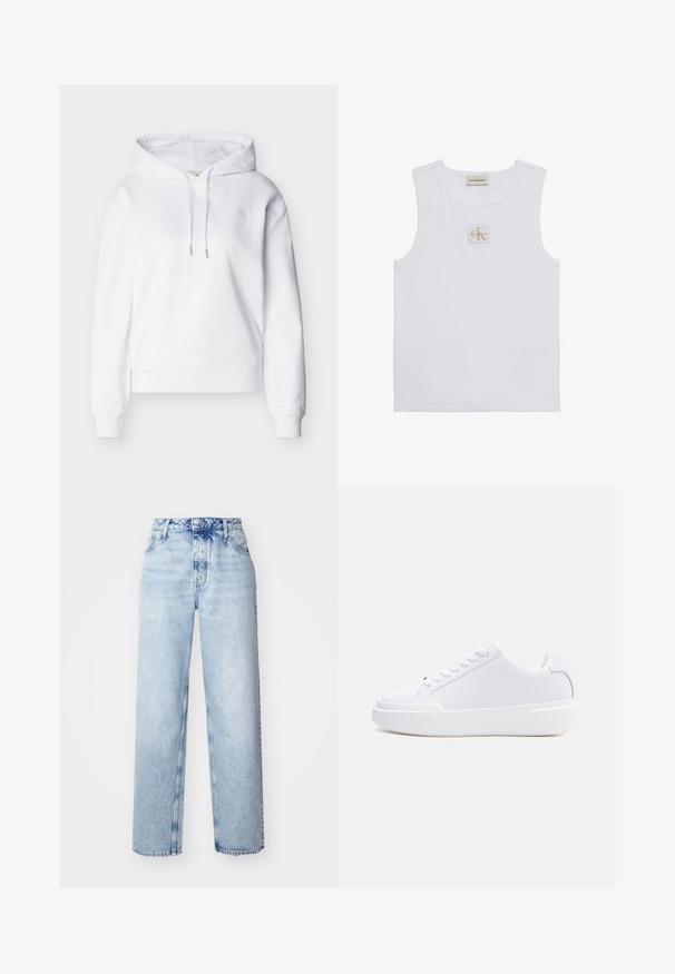 Valge pika varrukaga kapuutsiga dressipluus paeladega, soonikkoes mansettide ja alläärtega ning vasakul rinnal tagasihoidlik "ck" logo.; Valge varrukateta tanktop koos Calvin Klein Jeans sildiga rinnal ja sildiga kaeluse lähedal valgel taustal.; Heledad sinised kõrge vöökohaga teksad, millel on lobed lõiked, sirged põlved, viis taskut ja klassikaline nööbiga ja tõmblukuga sulgemine.; Valge madala säärega tenniskingad, millel on nööritav kinnitus, paks tald ja sile pealispind, nähtud välisküljelt heledal ühtlasel taustal.