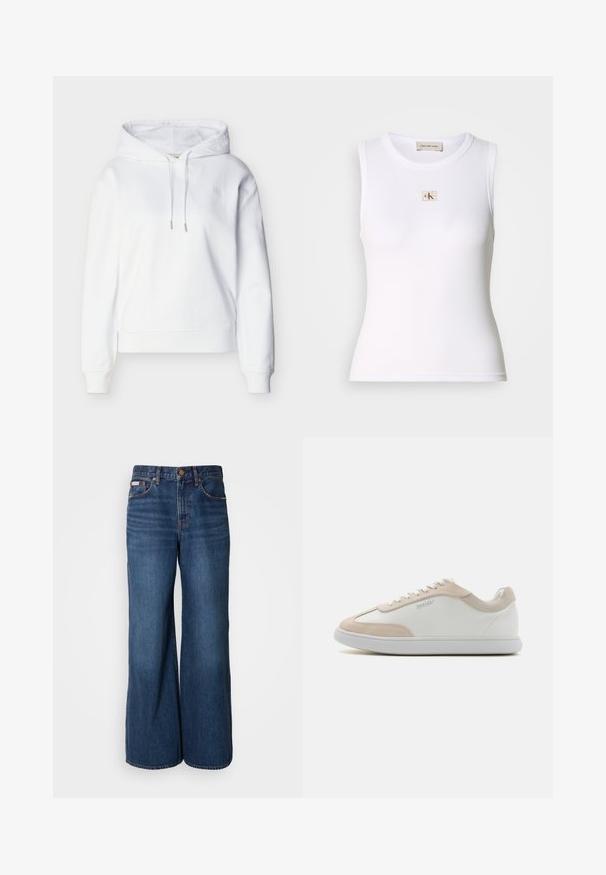 Λευκή μακρυμάνικη φούτερ μπλούζα με κουκούλα και κορδόνια, ριμπ τελειώματα στα μανίκια και στη μέση, και διακριτικό λογότυπο "ck" στο αριστερό στήθος.; Λευκό ριμπ αμάνικο τοπ με ετικέτα Calvin Klein Jeans στο στήθος και εσωτερική ετικέτα στον λαιμό.; Jeans με φαρδιά μπατζάκια από σκούρο μπλε τζιν. Τα χαρακτηριστικά περιλαμβάνουν ψηλή μέση, πέντε τσέπες και αντίθετη πορτοκαλί ραφή κατά μήκος των ραφών.; Λευκά δερμάτινα sneakers με μπεζ σουέτ λεπτομέρειες και λευκή κορδόνι. Διαθέτουν στρογγυλή μύτη και παχύ sole για άνεση.
