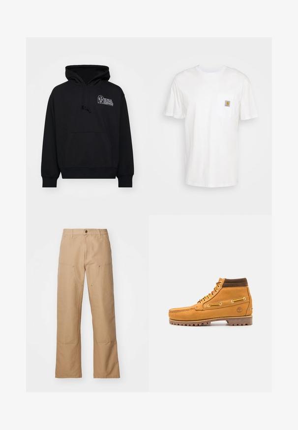 Sudadera negra de tejido suave, con bolsillo canguro, capucha con cordón y texto de logo blanco en la parte izquierda del pecho.; Camiseta de algodón blanca con mangas cortas, un bolsillo en el pecho y un pequeño parche cuadrado de logo en naranja y blanco en el bolsillo.; Pantalones de pierna ancha beige hechos de lona, con bolsillos frontales, detalles en dorado y un diseño de frente plano.; Timberland AUTHENTIC MID LACE BOOT - Botines con cordones - wheat