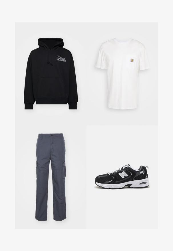 Sudadera negra de tejido suave, con bolsillo canguro, capucha con cordón y texto de logo blanco en la parte izquierda del pecho.; Camiseta de algodón blanca con mangas cortas, un bolsillo en el pecho y un pequeño parche cuadrado de logo en naranja y blanco en el bolsillo.; Pantalones de cargo en una tela gris oscuro, con piernas anchas, múltiples bolsillos laterales y un cierre de botón en la cintura. Textura suave y diseño resistente.; Zapatillas deportivas en negro y gris con parte superior de malla y ante, que cuentan con una entresuela blanca, cordones y un llamativo logo "N" en el lateral.