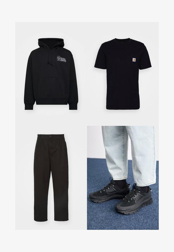 Sudadera negra de tejido suave, con bolsillo canguro, capucha con cordón y texto de logo blanco en la parte izquierda del pecho.; Camiseta de algodón negra con mangas cortas, cuello redondo y un bolsillo en el pecho que presenta un pequeño parche de logo cuadrado. Diseño simple y sólido.; Pantalones negros de tela suave, con cierre de botón, corte recto y dos pliegues frontales que añaden detalle.; Zapatillas deportivas negras con tejido texturizado y suelas de goma, con cordones elásticos y un acento azul en el talón. Combinadas con pantalones de mezclilla claros.
