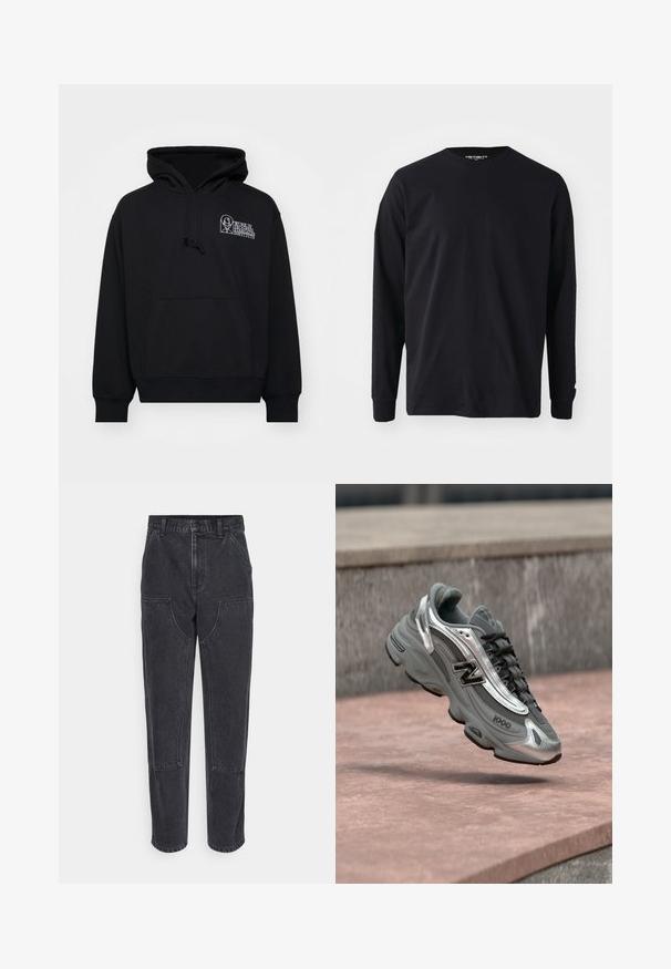 Sudadera negra de tejido suave, con bolsillo canguro, capucha con cordón y texto de logo blanco en la parte izquierda del pecho.; Camiseta negra de manga larga hecha de algodón, con un escote redondo y corte recto, que presenta un pequeño detalle de logo en la manga.; Jeans de mezclilla negra con cintura alta, corte recto y grandes bolsillos frontales. Presentan costuras en contraste y sin logotipos visibles.; Zapatilla New Balance gris y plateada con la etiqueta "1000" flotando sobre una superficie de piedra rosada con un fondo de pared de piedra gris.