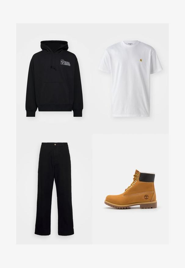 Sudadera negra de tejido suave, con bolsillo canguro, capucha con cordón y texto de logo blanco en la parte izquierda del pecho.; Camiseta de algodón blanca con mangas cortas, cuello redondo, que presenta un pequeño logo dorado en la parte izquierda del pecho. Textura suave y corte regular.; Pantalones negros de tela pesada, con un diseño de pierna recta, bolsillos frontales, cierre de cremallera y un solo botón metálico.; Botín de cuero marrón con ojales de metal, forro de piel sintética blanca, cuello acolchado negro, suela resistente y logotipo en relieve en el costado.