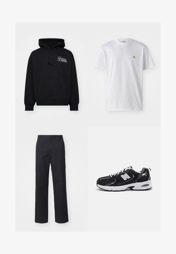 Sudadera negra de tejido suave, con bolsillo canguro, capucha con cordón y texto de logo blanco en la parte izquierda del pecho.; Camiseta de algodón blanca con mangas cortas, cuello redondo, que presenta un pequeño logo dorado en la parte izquierda del pecho. Textura suave y corte regular.; Pantalones rectos negros hechos de una mezcla de algodón. Cuentan con una cintura plana con presillas para cinturón y sin hardware o adornos visibles.; Zapatillas deportivas en negro y gris con parte superior de malla y ante, que cuentan con una entresuela blanca, cordones y un llamativo logo "N" en el lateral.
