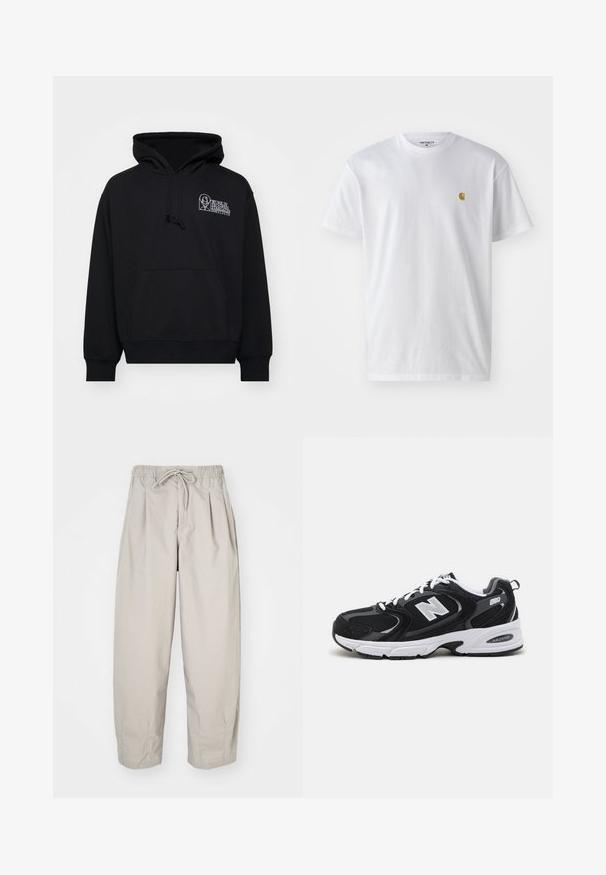 Sudadera negra de tejido suave, con bolsillo canguro, capucha con cordón y texto de logo blanco en la parte izquierda del pecho.; Camiseta de algodón blanca con mangas cortas, cuello redondo, que presenta un pequeño logo dorado en la parte izquierda del pecho. Textura suave y corte regular.; Pantalones ligeros color beige con cintura elástica y cordón de ajuste. Presentan pliegues y un corte holgado, elaborados con una tela suave y lisa.; Zapatillas deportivas en negro y gris con parte superior de malla y ante, que cuentan con una entresuela blanca, cordones y un llamativo logo "N" en el lateral.