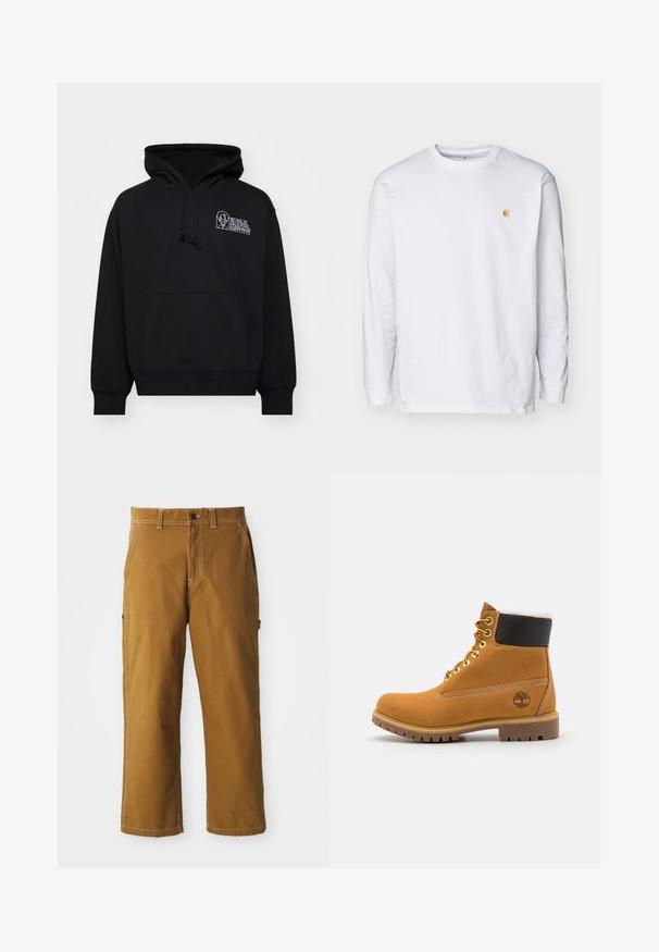 Sudadera negra de tejido suave, con bolsillo canguro, capucha con cordón y texto de logo blanco en la parte izquierda del pecho.; Camiseta de manga larga blanca de algodón. Cuenta con un pequeño logo dorado en el pecho y un cuello redondo. Diseño simple y corte estándar.; Pantalones de algodón marrón con corte recto, costuras reforzadas y bolsillos laterales. Cuenta con un cierre de botón y trabillas para cinturón en la cintura.; Botín de cuero marrón con ojales de metal, forro de piel sintética blanca, cuello acolchado negro, suela resistente y logotipo en relieve en el costado.