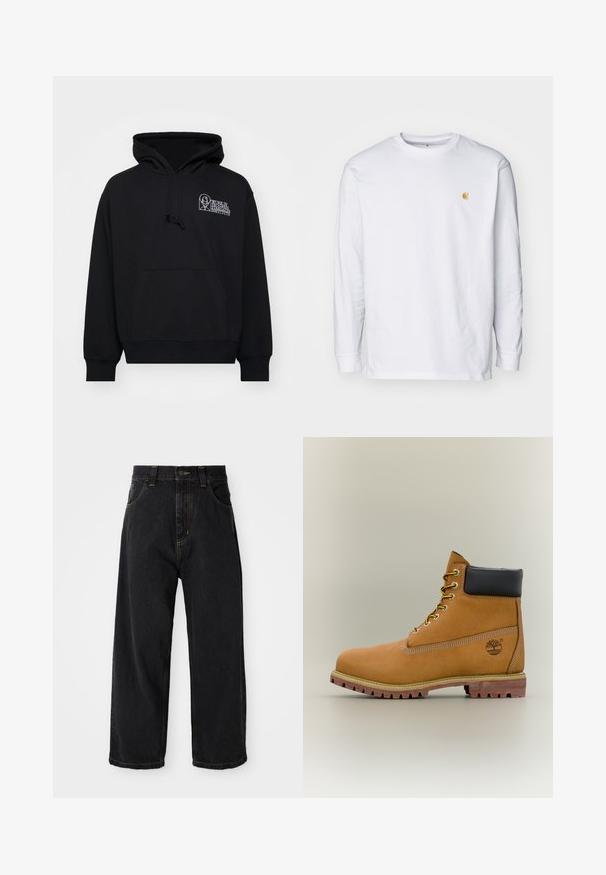 Sudadera negra de tejido suave, con bolsillo canguro, capucha con cordón y texto de logo blanco en la parte izquierda del pecho.; Camiseta de manga larga blanca de algodón. Cuenta con un pequeño logo dorado en el pecho y un cuello redondo. Diseño simple y corte estándar.; Jeans de denim negros de pierna ancha con cintura alta, botón frontal, cremallera y costuras amarillas en los bolsillos y costuras.; Bota de tobillo de cuero marrón con cuello negro, cordones amarillos y suela beige. Presenta un logotipo y detalles de costura blanca. Suela exterior con tracción robusta.