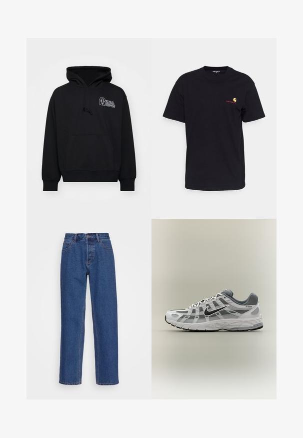 Sudadera negra de tejido suave, con bolsillo canguro, capucha con cordón y texto de logo blanco en la parte izquierda del pecho.; Camiseta de algodón negra con mangas cortas, cuello redondo y un pequeño logo colorido en el lado izquierdo del pecho. Corte clásico con una textura suave.; Jeans de denim azul con un diseño clásico de pierna recta, que presentan una cintura alta, cordones para cinturón y sutiles detalles de costura.; Zapatilla Nike P-6000 blanca y gris con swoosh negro, paneles de malla y suela texturizada, mostrada de perfil sobre un fondo neutro.