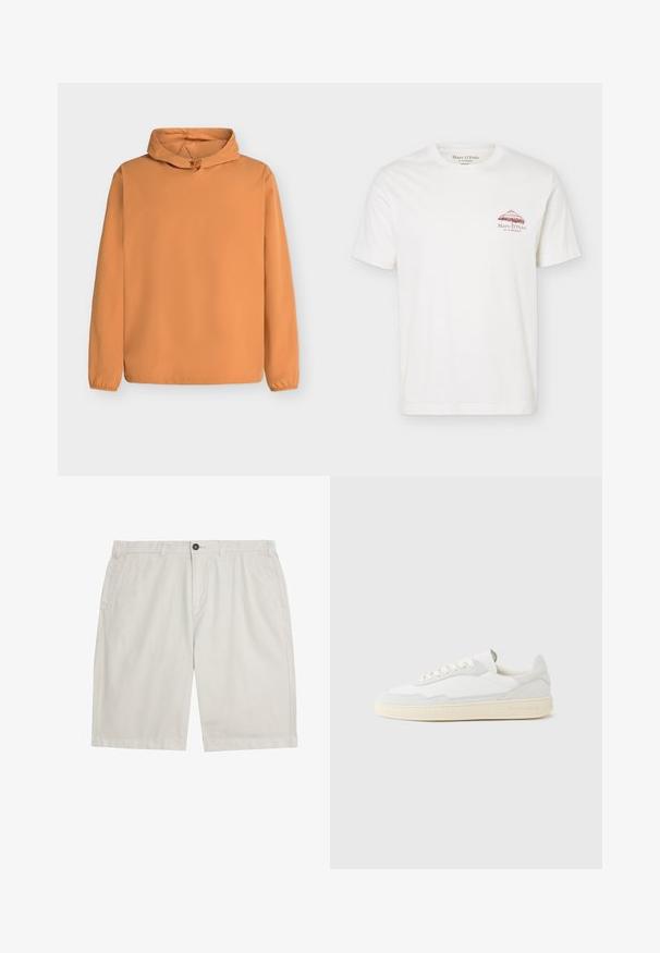 Pull à capuche orange à manches longues avec poignets élastiques et cordon de serrage réglable à l'avant de la capuche, présenté sur un fond clair.; T-shirt blanc à manches courtes avec un petit parasol en paille marron et « Marc O'Polo EST IN STOCKHOLM » imprimé sur le côté gauche de la poitrine.; Shorts décontractés beige clair avec passants de ceinture, fermeture avant à bouton et fermeture éclair, et poches latérales, posés à plat sur un fond blanc.; Baskets blanches avec dessus en daim et cuir texturé. Caractérisées par un bout arrondi, une fermeture à lacets et une semelle en caoutchouc beige contrastante.