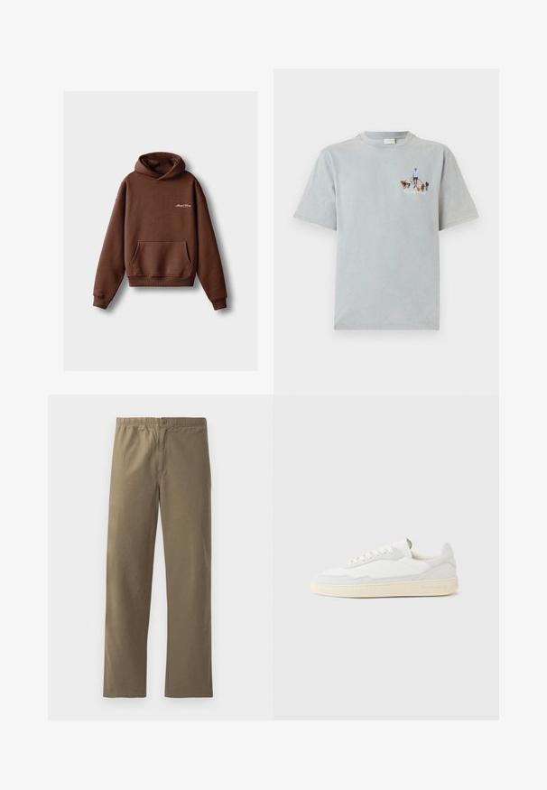 Brun hoodie lavet af blødt stof, med en frontlomme, ribbede manchetter og en hætte med snøring. Indeholder hvidt broderet branding.; Lyseblå bomulds t-shirt med korte ærmer og rund hals, med et grafisk design af en person, der går med hunde på fronten.; Khaki bukser lavet af letvægtsmateriale. Har en elastisk talje, knaplukning, lige ben og en glat overflade.; Hvid sneakers med en øvre del i tekstureret ruskind og læder. Har rundet tå, snørelukning og kontrasterende beige gummisål.