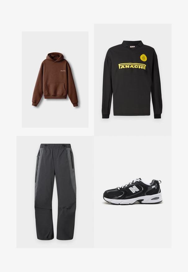 Sudadera marrón hecha de tela suave, con un bolsillo frontal, puños acanalados y capucha con cordón. Incluye logotipo bordado en blanco.; Camisa polo negra de manga larga con cuello en V, que presenta un estampado amarillo de "PANACHE" y un emblema en amarillo, con mangas acampanadas.; Pantalones de senderismo de color gris oscuro y negro con cintura elástica y bolsillos laterales con cremallera, diseñados para actividades al aire libre.; Zapatillas deportivas en negro y gris con parte superior de malla y ante, que cuentan con una entresuela blanca, cordones y un llamativo logo "N" en el lateral.