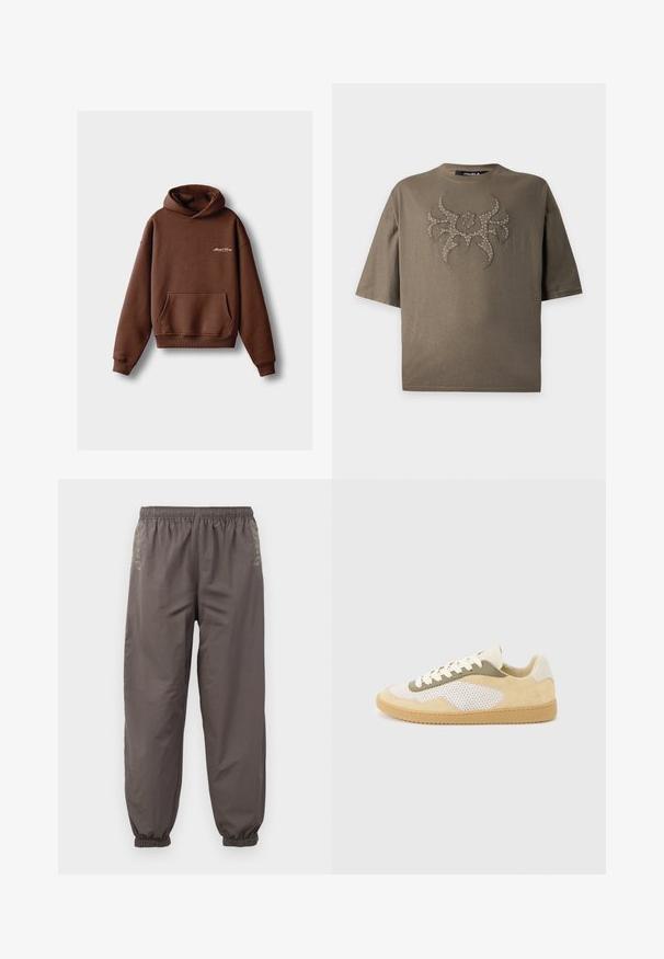 Sudadera marrón hecha de tela suave, con un bolsillo frontal, puños acanalados y capucha con cordón. Incluye logotipo bordado en blanco.; Camiseta marrón oversize con mangas cortas y un patrón tribal tachonado centrado en el pecho.; Pantalones oscuros de color gris, con cintura elástica y corte relajado. Presentan puños fruncidos y un bordado sutil en los lados. Tejido ligero.; Zapatilla baja con ante beige, paneles de malla blanca, detalles en oliva, cordones blancos y suela de goma color caramelo sobre un fondo gris claro.