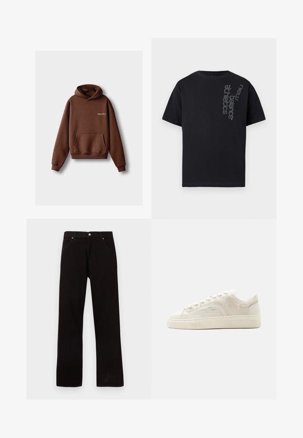 Sudadera marrón hecha de tela suave, con un bolsillo frontal, puños acanalados y capucha con cordón. Incluye logotipo bordado en blanco.; Camiseta negra de manga corta con texto vertical en blanco contorneado que dice "new balance athletics" en la parte superior izquierda del pecho.; Vaqueros negros de corte recto con cinco bolsillos y cierre de botón plateado, presentados extendidos sobre un fondo blanco.; Zapatilla blanca de caña baja con cierre de cordones, parte superior de tela texturizada y suela gruesa de goma, mostrada desde el lado exterior sobre un fondo llano.