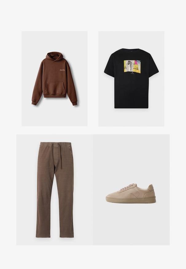 Bruine hoodie van zacht materiaal, voorzien van een voorzak, ribboorden en een capuchon met trekkoord. Inclusief witte geborduurde branding.; Zwart T-shirt met korte mouwen met een kleurrijk rechthoekig ontwerp met een zebra en abstracte patronen, gecentreerd op de borst.; Bruine casual broek met een taille met trekkoord, zijzakken, rechte pijpen en gestikte details tegen een effen lichte achtergrond.; Beige leren sneaker met platte veters, een gladde afwerking en een gestructureerde rubberen buitenzool. Stiksels op het zijpaneel en een afgeronde neusdesign.