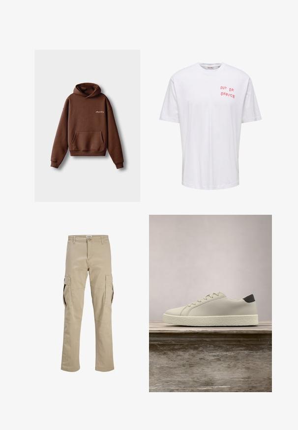 Bruine hoodie van zacht materiaal, voorzien van een voorzak, ribboorden en een capuchon met trekkoord. Inclusief witte geborduurde branding.; Wit T-shirt met korte mouwen met rode tekst "OUT OF OFFICE" op de bovenste linkerborst en een ronde halslijn.; Beige cargobroek met knoopsluiting, riemlussen en grote klepzakken op beide dijen, plat weergegeven op een witte achtergrond.; Witte sneaker met gestructureerde zool en zwarte hieldetails, zwevend boven een houten bank met hoge groene graspluimen op de achtergrond.
