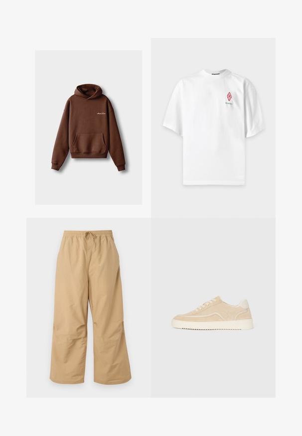 Bruine hoodie van zacht materiaal, voorzien van een voorzak, ribboorden en een capuchon met trekkoord. Inclusief witte geborduurde branding.; Witte T-shirt met korte mouwen en een rood geometrisch logo en kleine tekst op de linkerborst, getoond tegen een effen achtergrond.; Beige wijde broek gemaakt van lichtgewicht stof, met een elastische tailleband en een trekkoord, en gestikte accenten nabij de zoom.; Beige suède sneaker met witte zool en veters, low-top ontwerp en zigzagprofiel op de zool.