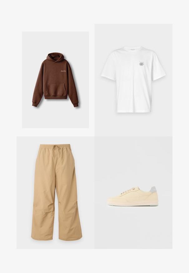 Sudadera marrón hecha de tela suave, con un bolsillo frontal, puños acanalados y capucha con cordón. Incluye logotipo bordado en blanco.; Camiseta blanca de algodón con mangas cortas, cuello redondo y un pequeño logo gris en el lado izquierdo del pecho. Textura suave.; Pantalones de pierna ancha beige, hechos de tela ligera, con una cintura elástica y cordón, y detalles cosidos cerca del dobladillo.; Zapatilla deportiva beige de corte bajo con cierre de cordones en la parte delantera, suela rosa claro y lengüeta trasera gris con la marca "Filling Pieces", mostrada de perfil sobre un fondo liso.