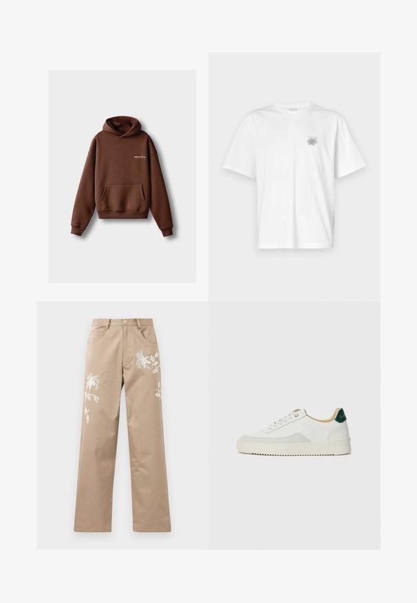 Brun hoodie lavet af blødt stof, med en frontlomme, ribbede manchetter og en hætte med snøring. Indeholder hvidt broderet branding.; Hvid t-shirt lavet af bomuld med korte ærmer, rund halsudskæring og et lille gråt logo på venstre brystområde. Glat tekstur.; Beige bomuldsbukser med lige ben, der har hvid blomsterbroderi foran og almindelige lommer.; Hvide sneakers med ruskindsdetaljer, rund tå, flade snørebånd og en cremet gummisål. Har grøn branding på hælen.