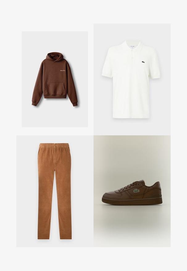 Bruine hoodie van zacht materiaal, voorzien van een voorzak, ribboorden en een capuchon met trekkoord. Inclusief witte geborduurde branding.; Witte polo shirt gemaakt van gladde katoenstof met een klassieke kraag, drie knopen en een klein groen krokodillenlogo op de borst.; Bruine corduroy broek met een elastische tailleband, voorzien van een knoopsluiting. Rechte pasvorm en zachte, gestructureerde stof.; Bruine leren lage sneaker met veterontwerp en groen krokodillenlogo aan de zijkant, weergegeven op een effen neutrale achtergrond.
