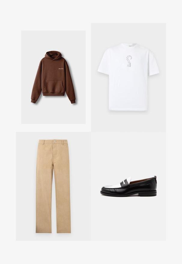 Hoodie marron en tissu doux, avec une poche frontale, des poignets côtelés et une capuche à cordon. Comprend un logo brodé blanc.; T-shirt en coton blanc à manches courtes et col rond, avec un motif de tentacule de pieuvre noire sur la poitrine.; Pantalon beige à jambes droites avec un motif texturé subtil, fermeture à bouton, passants pour ceinture et poches avant, posé à plat sur fond blanc.; Mocassin en cuir noir et blanc avec des détails cousus, un petit talon et un design slip-on, présenté de profil sur un fond uni.