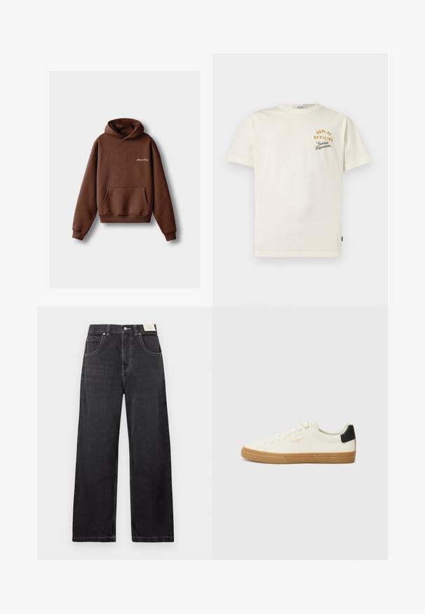 Bruine hoodie van zacht materiaal, voorzien van een voorzak, ribboorden en een capuchon met trekkoord. Inclusief witte geborduurde branding.; Witte T-shirt met korte mouwen en kleine gele en zwarte tekst op de linkerborst met de tekst "REPLAY OFFICINA Servizio Riparazioni."; Zwarte wijde spijkerbroek van denim, met vijf zakken, contrasterende witte stiksels en een knoopsluiting in de taille.; Witte canvas sneaker met een gum rubberen zool, zwart accent op de hiel, ronde neus en vetersluiting. Bevat het merlogo in goud aan de zijkant.