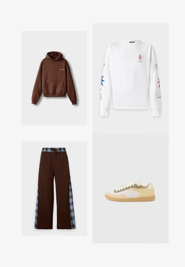 Sudadera marrón hecha de tela suave, con un bolsillo frontal, puños acanalados y capucha con cordón. Incluye logotipo bordado en blanco.; Camisa blanca de manga larga con pequeño logo rojo en el pecho y diseños coloridos de brújula y texto en ambas mangas.; Pantalones marrones de pierna ancha con rayas laterales a cuadros en azul y negro y cintura con cordón.; Zapatilla baja con ante beige, paneles de malla blanca, detalles en oliva, cordones blancos y suela de goma color caramelo sobre un fondo gris claro.
