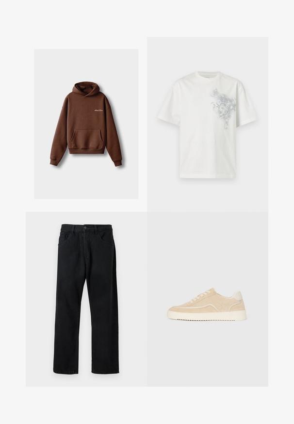 Bruine hoodie van zacht materiaal, voorzien van een voorzak, ribboorden en een capuchon met trekkoord. Inclusief witte geborduurde branding.; Wit T-shirt met korte mouwen en een ronde hals, met een vervaagd grijs bloemenpatroon aan de bovenkant aan de linkerkant van de voorkant.; Zwarte jeans van denim, met een klassieke vijf-pocketontwerp, rechte pijpen en een knoopsluiting. Gladde textuur, geen zichtbare patronen.; Beige suède sneaker met witte zool en veters, low-top ontwerp en zigzagprofiel op de zool.