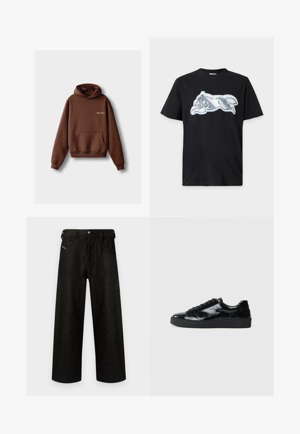 Hoodie marron en tissu doux, avec une poche frontale, des poignets côtelés et une capuche à cordon. Comprend un logo brodé blanc.; T-shirt noir à manches courtes avec un graphisme métallique argenté brillant représentant un animal courant sur la poitrine.; Jean noir à jambes larges en denim, présentant une fermeture éclair, cinq poches et un branding discret sur la poche avant. Tissu durable et texturé.; Baskets en cuir verni noir avec un bout arrondi, un laçage, une semelle en caoutchouc texturé et une finition lisse.