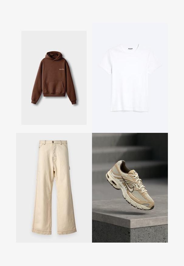 Hnedá mikina s kapucňou z mäkkej tkaniny, s predným vreckom, rebrovanými manžetami a sťahovacou kapucňou. Obsahuje biele vyšívané logo.; Jednoduché biele tričko s krátkym rukávom a okrúhlym výstrihom s viditeľnou značkou WEEKDAY na golieri, zobrazené na svetlom pozadí.; Bežové široké nohavice vyrobené z bavlny s uzatváraním na zips a gombík, s kontrastným šitím a bočnými vreckami.; Béžovo-biele bežecké topánky Nike s mesh panelmi a čiernym logo Swoosh, vznášajúce sa nad betónovým obrubníkom s rozmazanými schodmi v pozadí.