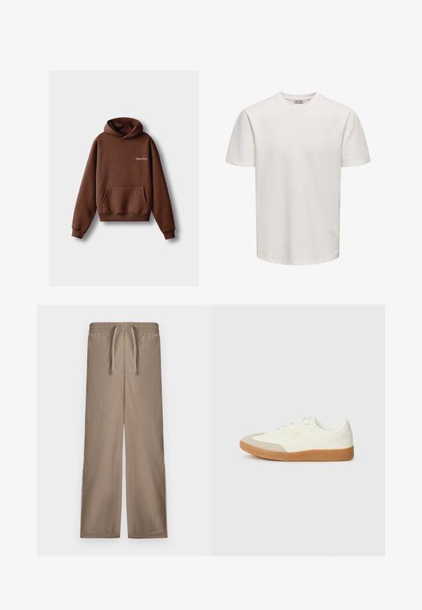 Bruine hoodie van zacht materiaal, voorzien van een voorzak, ribboorden en een capuchon met trekkoord. Inclusief witte geborduurde branding.; Effen wit, kort mouw, gestructureerd T-shirt met ronde hals, getoond op een egale achtergrond, zonder zichtbare logo's of ontwerpen.; Lichtbruine, loszittende broeken met een elastische tailleband en een koord; heeft zijsplitten aan de zoom voor extra detail.; Schoen gemaakt van wit leer met een beige teenkap en een lichtbruine rubberen zool. Voorzien van platte witte veters en reliëfbranding aan de zijkant.