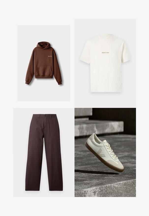 Brauner Kapuzenpullover aus weichem Material, mit einer Fronttasche, gerippten Bündchen und einer Kordelzugkapuze. Enthält weiße gestickte Markenlogo.; Cremefarbens Baumwoll-T-Shirt mit kurzen Ärmeln, Rundhalsausschnitt und gesticktem "Original Studio"-Logo in Gold auf der Brust. Weiche Textur.; Wrangler WORK PANT - Stoffhose - mole; Weiße Leder-Sneaker mit beige-gummiartiger Sohle, flachen Schnürsenkeln und V-förmigem Akzent an der Seite. Verfügt über eine glatte Oberfläche und minimale Nahtdetails.