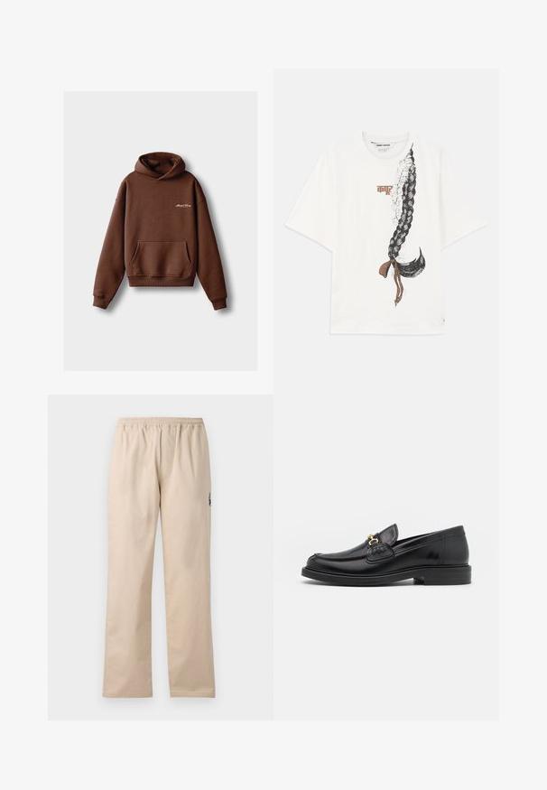 Brun hoodie lavet af blødt stof, med en frontlomme, ribbede manchetter og en hætte med snøring. Indeholder hvidt broderet branding.; Hvid kortærmet T-shirt med et stort grafik af en fletning med blomsterdetaljer og et brunt bånd nær bunden.; Beige, letvægts, vævede bukser med elastisk talje. Har lige ben og et lille broderet logo på siden.; Sorte læder loafers med en rund tå, der har guld hardware accent og syningsdetaljer, placeret på en lav, tekstureret gummisål.