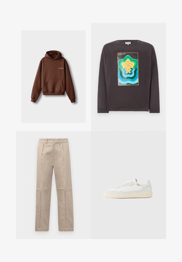 Bruine hoodie van zacht materiaal, voorzien van een voorzak, ribboorden en een capuchon met trekkoord. Inclusief witte geborduurde branding.; Donkergrijze lange mouw T-shirt met een kleurrijk geometrisch ontwerp met golven en sterren in groen, blauw, geel en oranje.; Beige broek met een rechte snit, voorzien van rose-gouden pailletten aan de zijkanten en subtiele gestikte details op de benen.; Witte sneaker met een bovenwerk van gestructureerd suède en leer. Voorzien van een afgeronde neus, vetersluiting en een contrasterende beige rubberen zool.