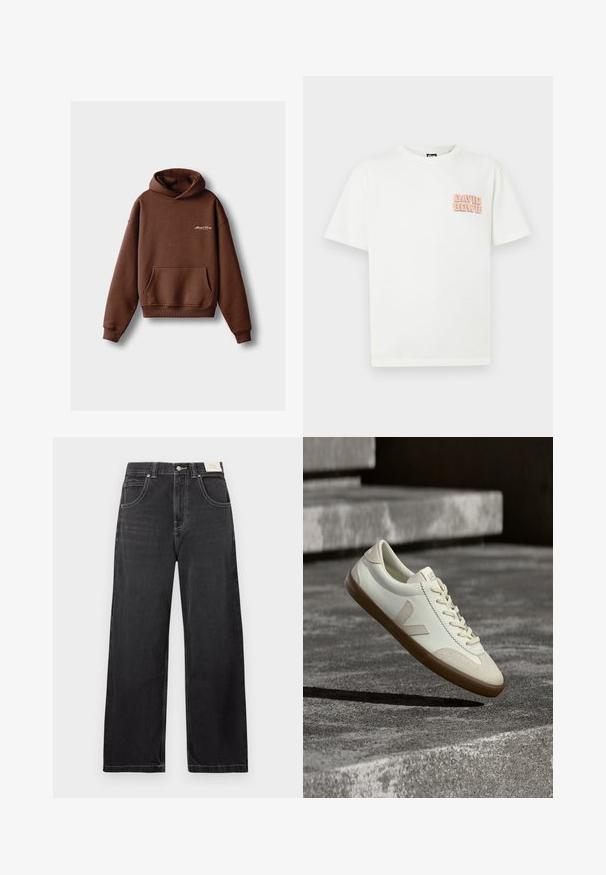 Bruine hoodie van zacht materiaal, voorzien van een voorzak, ribboorden en een capuchon met trekkoord. Inclusief witte geborduurde branding.; Witte t-shirt met korte mouwen met de tekst "David Bowie" in roze en oranje op de linkerborst.; Zwarte wijde spijkerbroek van denim, met vijf zakken, contrasterende witte stiksels en een knoopsluiting in de taille.; Witte leren sneakers met een bruine rubberen zool, platte veters en een V-vormig accent aan de zijkant. Ze hebben een glad oppervlak en minimale stikdetails.