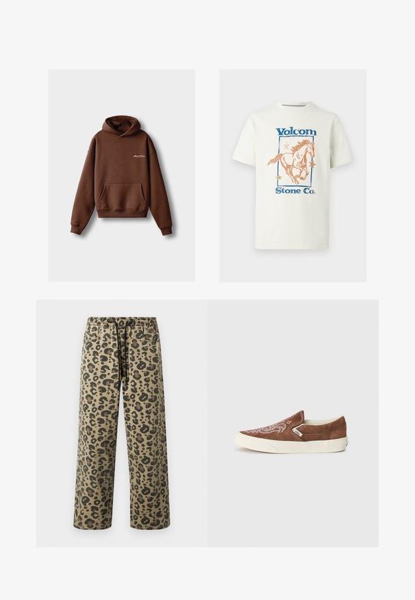Brauner Kapuzenpullover aus weichem Material, mit einer Fronttasche, gerippten Bündchen und einer Kordelzugkapuze. Enthält weiße gestickte Markenlogo.; Weißes Baumwoll-T-Shirt mit einer Grafik eines galoppierenden Pferdes, blauem "Volcom"-Schriftzug und orangefarbenen Sternen innerhalb eines rechteckigen Rahmens.; Leopardmuster-Hose in Braun- und Beigetönen, mit elastischem Bund und Kordelzug, Seitentaschen und lockerem Schnitt.; Vans CLASSIC SLIP ON UNISEX - Sneaker low - potting soil/marshmallow