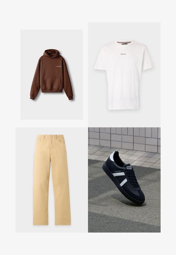 Sudadera marrón hecha de tela suave, con un bolsillo frontal, puños acanalados y capucha con cordón. Incluye logotipo bordado en blanco.; Camiseta de algodón blanca con diseño de cuello en V, mangas cortas y un pequeño logotipo "REPLAY" impreso en el pecho. Textura suave, corte casual.; Pantalones beige de pierna recta con bolsillos delanteros y traseros, trabillas para cinturón y cierre con botón metálico.; Zapatilla de cuero negra con rayas blancas, suela de goma texturizada y parte frontal con cordones. Cuenta con una etiqueta de marca en la lengüeta.