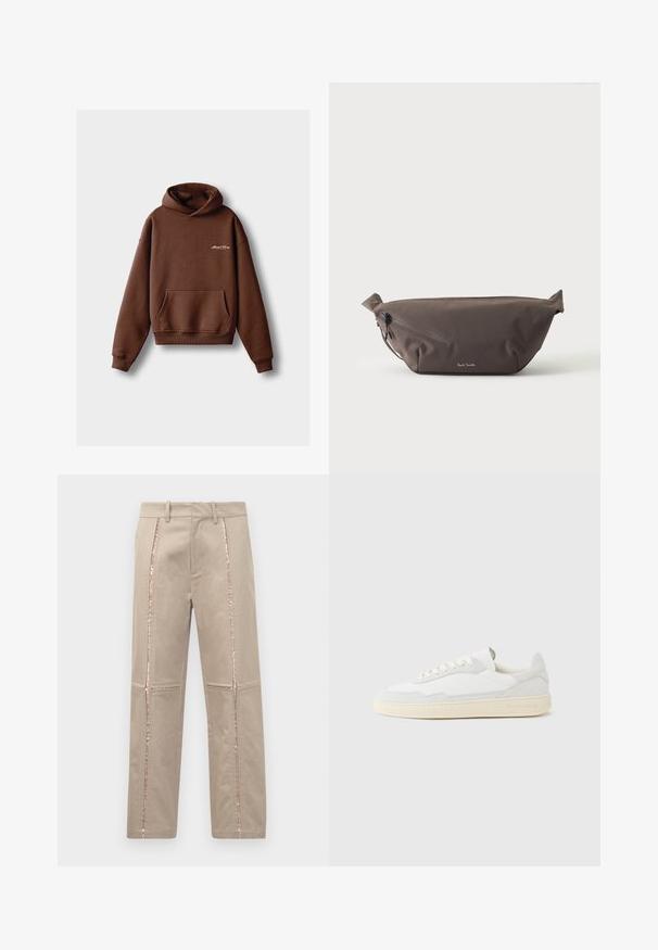 Bruine hoodie van zacht materiaal, voorzien van een voorzak, ribboorden en een capuchon met trekkoord. Inclusief witte geborduurde branding.; Beige broek met een rechte snit, voorzien van rose-gouden pailletten aan de zijkanten en subtiele gestikte details op de benen.; Witte sneaker met een bovenwerk van gestructureerd suède en leer. Voorzien van een afgeronde neus, vetersluiting en een contrasterende beige rubberen zool.; Donkerbruine stoffen heuptas met diagonale ritssluiting en klein wit logo aan de voorkant, tegen een effen lichte achtergrond.