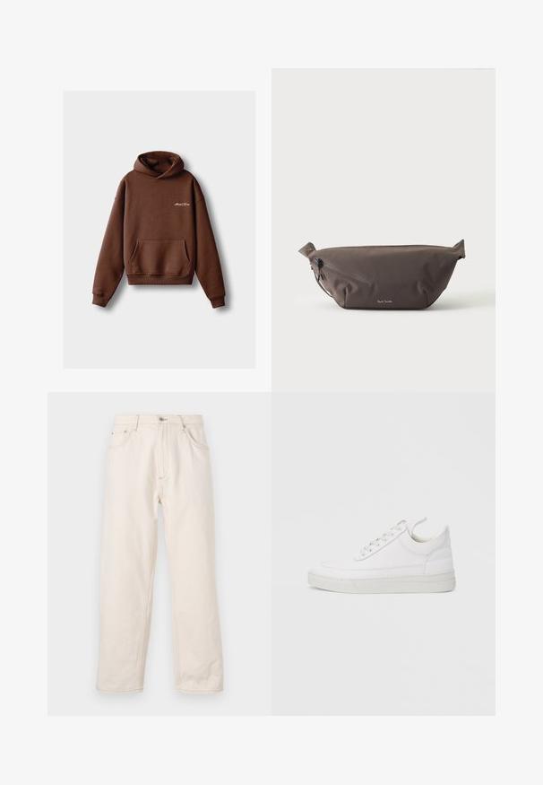 Brauner Kapuzenpullover aus weichem Material, mit einer Fronttasche, gerippten Bündchen und einer Kordelzugkapuze. Enthält weiße gestickte Markenlogo.; Beige gleich geschnittene Jeans aus Denim, mit Knopfverschluss, fünf Taschen und sichtbaren Nähten. Glatte Textur.; Weißer Ledersneaker mit abgerundetem Zehenbereich, flacher Sohle und Schnürverschluss. Verfügt über Nahtdetails und einen gepolsterten Kragen für zusätzlichen Komfort.; Dunkelbraune Stoff-Gürteltasche mit diagonalem Reißverschlussfach und kleinem weißen Logo vorne, vor einem einfarbigen hellen Hintergrund.