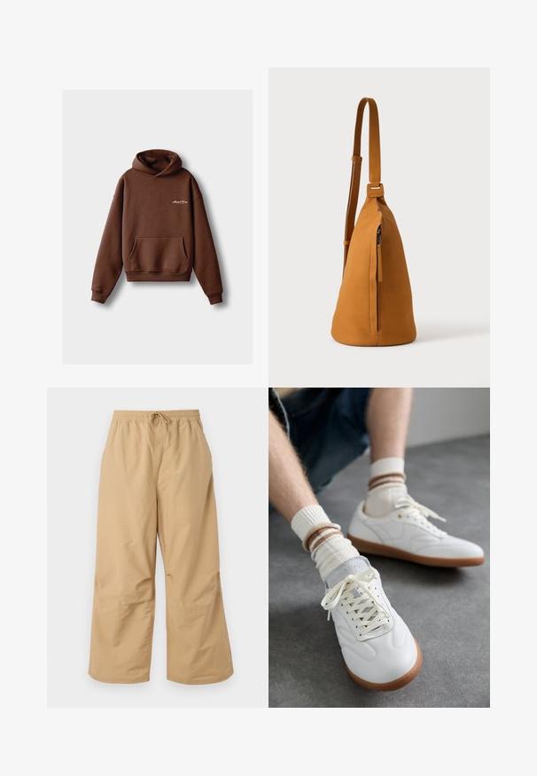 Sudadera marrón hecha de tela suave, con un bolsillo frontal, puños acanalados y capucha con cordón. Incluye logotipo bordado en blanco.; Pantalones de pierna ancha beige, hechos de tela ligera, con una cintura elástica y cordón, y detalles cosidos cerca del dobladillo.; Zapatillas de cuero blanco con una textura suave, detalles en gamuza gris, suelas de goma beige y cordones planos. Combinadas con calcetines a rayas en tonos crema y marrón.; Bolso bandolera de piel color canela con correa ajustable y bolsillo vertical con cremallera, mostrado de lado sobre un fondo claro y liso.