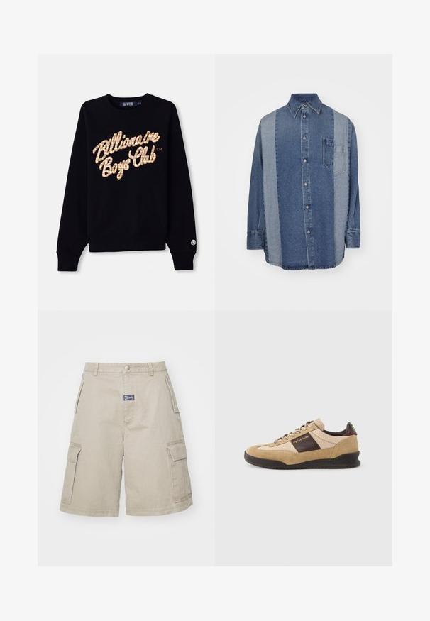 Sort sweatshirt med et stort, gittermønsteret, guld- og hvidt "Billionaire Boys Club" logo på fronten, med ribbede manchetter og søm.; Jeansskjorte med to-farvet design i mørk og lys blå, knaplukning foran, krave og en brystlomme.; MISBHV PERFECT - Shorts - beige; Beige ruskindssneaker med et tekstureret brunt panel, kontrasterende brun hæl og flerfarvede snørebånd. Har en sort gummisål og guldfarvet mærkning.