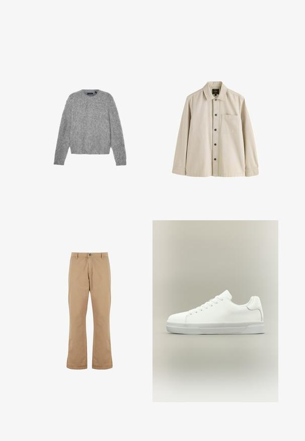 Pull gris à manches longues en matière pelucheuse avec un col rond et une coupe courte. Texture lisse avec une apparence douce et légère.; Chemise beige à manches longues boutonnée, avec un col et une poche poitrine, conçue dans un tissu robuste.; Pantalons en coton beige à coupe droite, dotés d'une fermeture à bouton, de poches avant et d'une texture lisse.; Baskets basses blanches à lacets, doté d'un col rembourré et d'une semelle en caoutchouc texturée, présentées de profil sur un fond neutre.