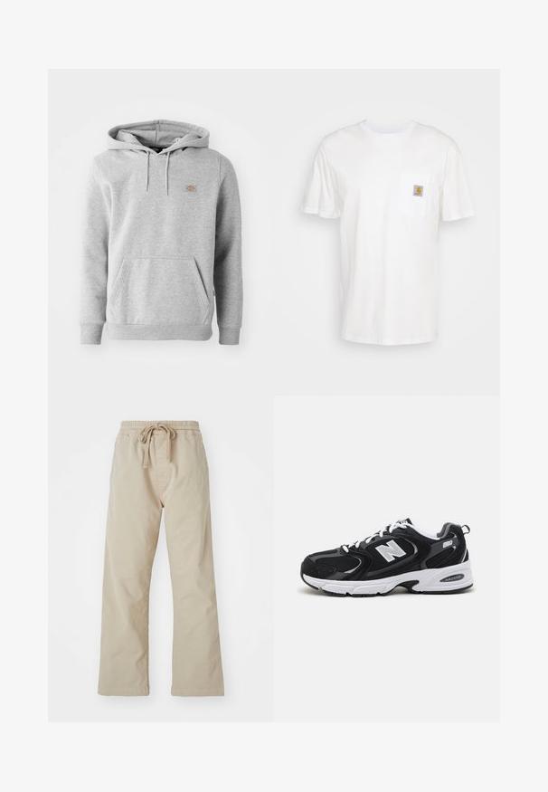 Grå hættebluse i fleece-materiale med en frontlomme, ribbede ærmer og et lille logo på brystet.; Hvid bomulds T-shirt med korte ærmer, en brystlomme, og et lille firkantet logo patch i orange og hvid på lommen.; Beige bomuldsbukser med elastisk talje og snoretræk. Lige ben-design, glat stof og ingen synlige mønstre eller detaljer.; Sorte og grå sportssko med mesh og ruskind på overdelen, der har en hvid mellemsål, snørebånd og et iøjnefaldende "N" logo på siden.